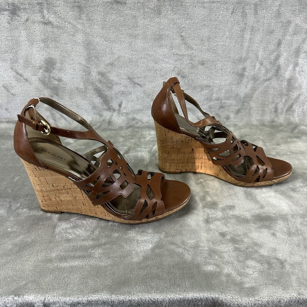 Tahari Women's 10 Brown Tan Leather Cork Wedge Open Toe Strappy Lazer Cutout
